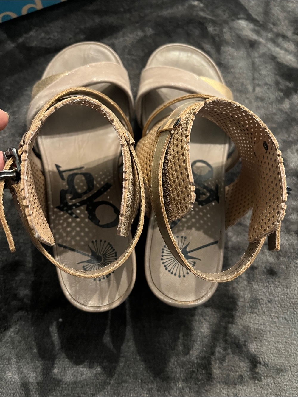 OTBT Leather Gold Metallic Perforated Block Heel Sandals - Picture 3 of 9